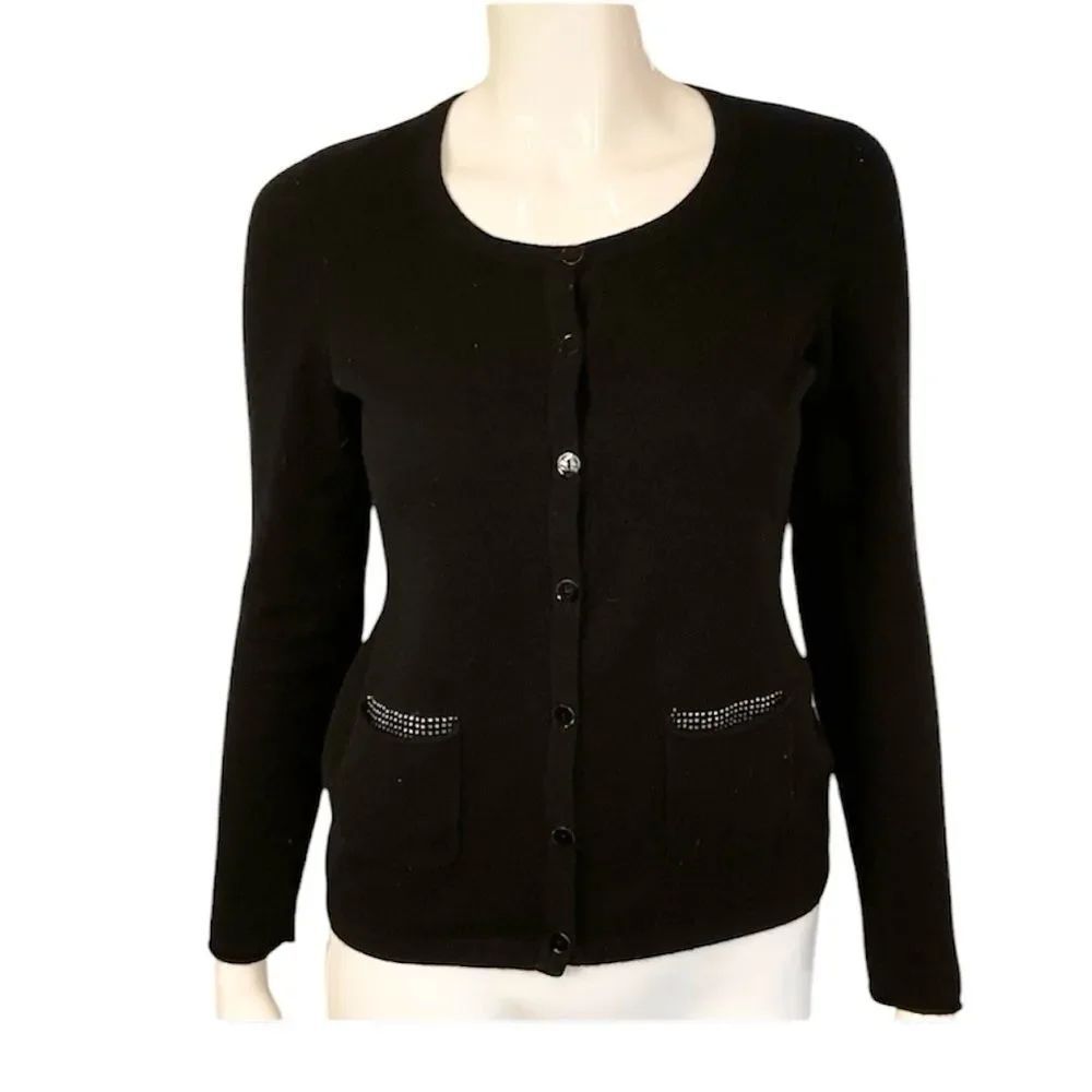 Sutton Cashmere Black Rhinestone Elbow Button Front Cardigan Sweater Size S